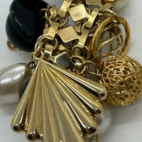 Vintage Gold Black Dangle Earrings Faux Pearl Geometric Retro Runway Chandelier - Picture 5 of 16